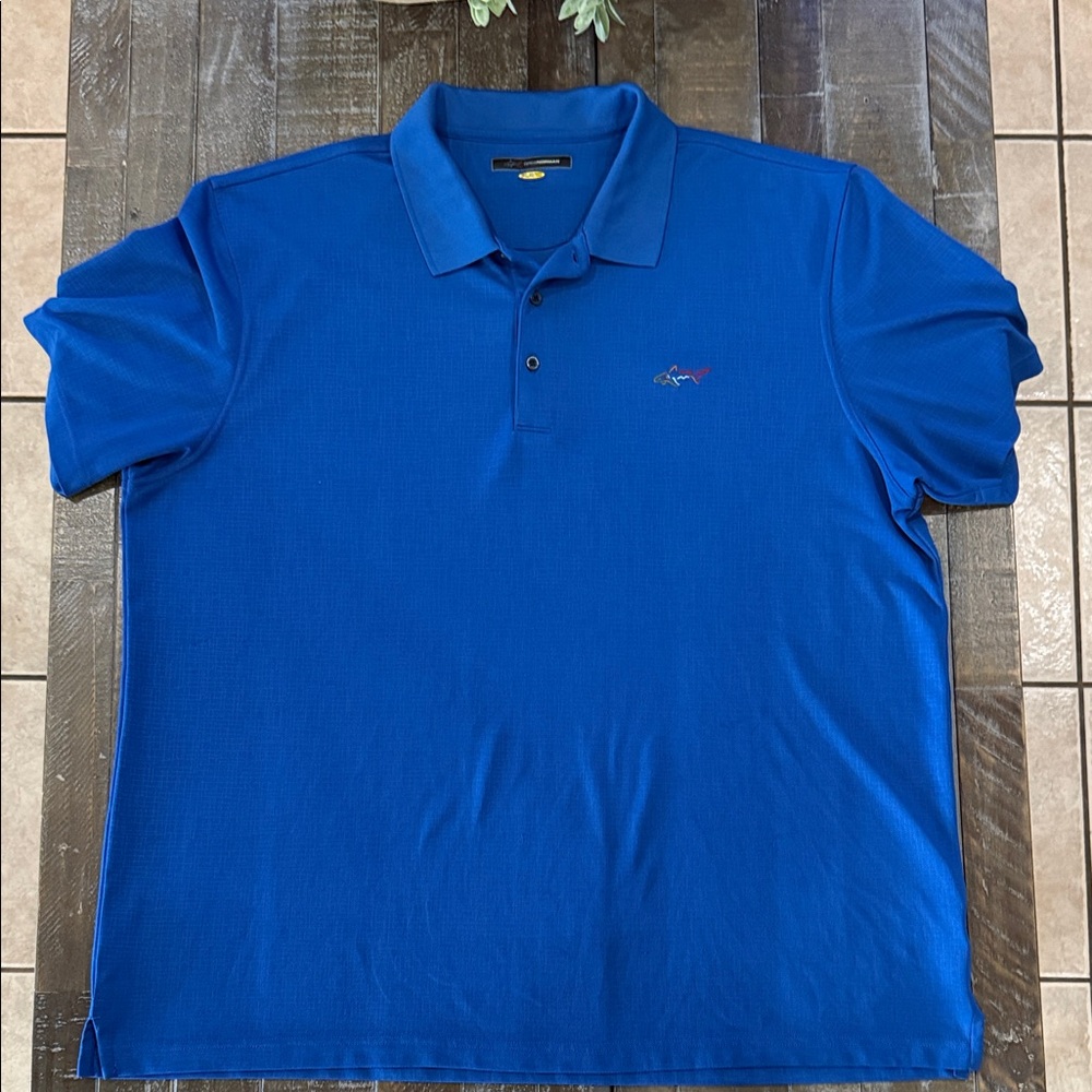 Greg Norman Collection Men's Royal Blue Polo with Multicolor Shark EmbroideryXXL